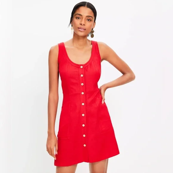 LOFT Red Linen Blend Scoop Neck Mini Pocket Dress - BRAND NEW